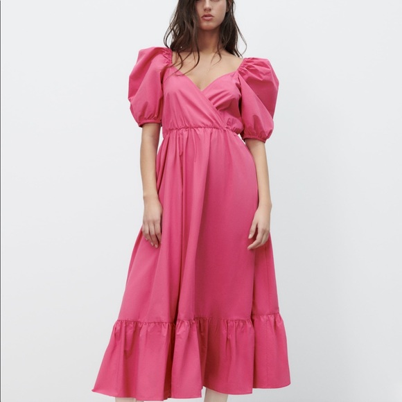 ZARA | NWT FUCHSIA PUFF SLEEVES MIDI DRESS BLOGGERS FAVORITE - Picture 9 of 10